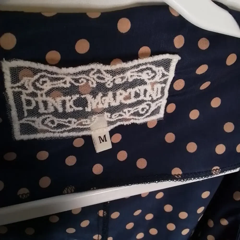 Pink Martini Navy Polka Dot Draped Open Front Blazer Cardigan Jacket‎ M